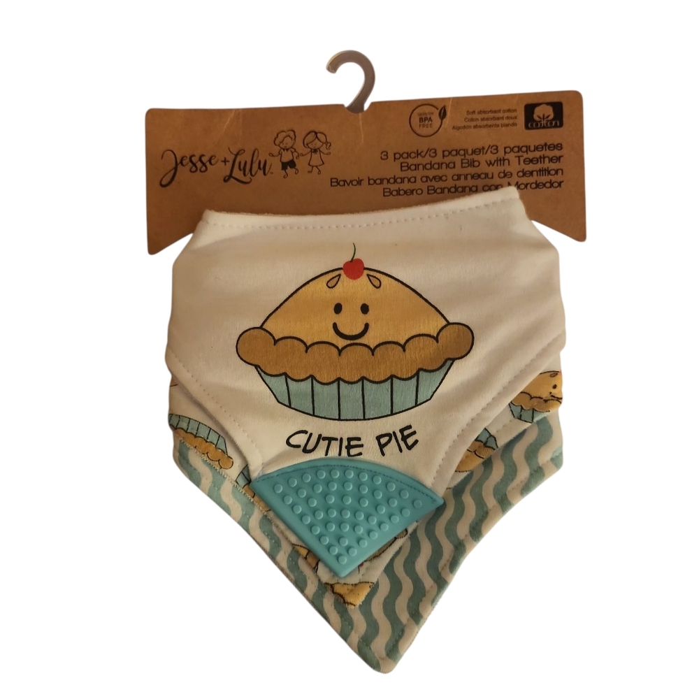 Cutie Pie Print,  1 Bib with Teether  - White and Blue (3 Bibs total In Package)